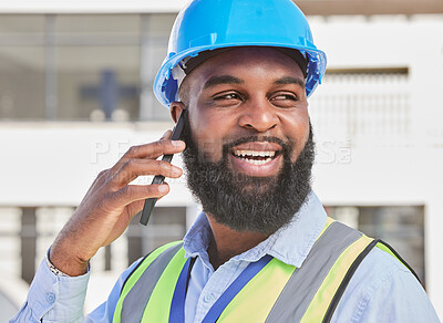 Buy stock photo Engineering, phone call and smile with black man in city for architecture, communication and contact. Building, construction and project management with contractor for technology and connection