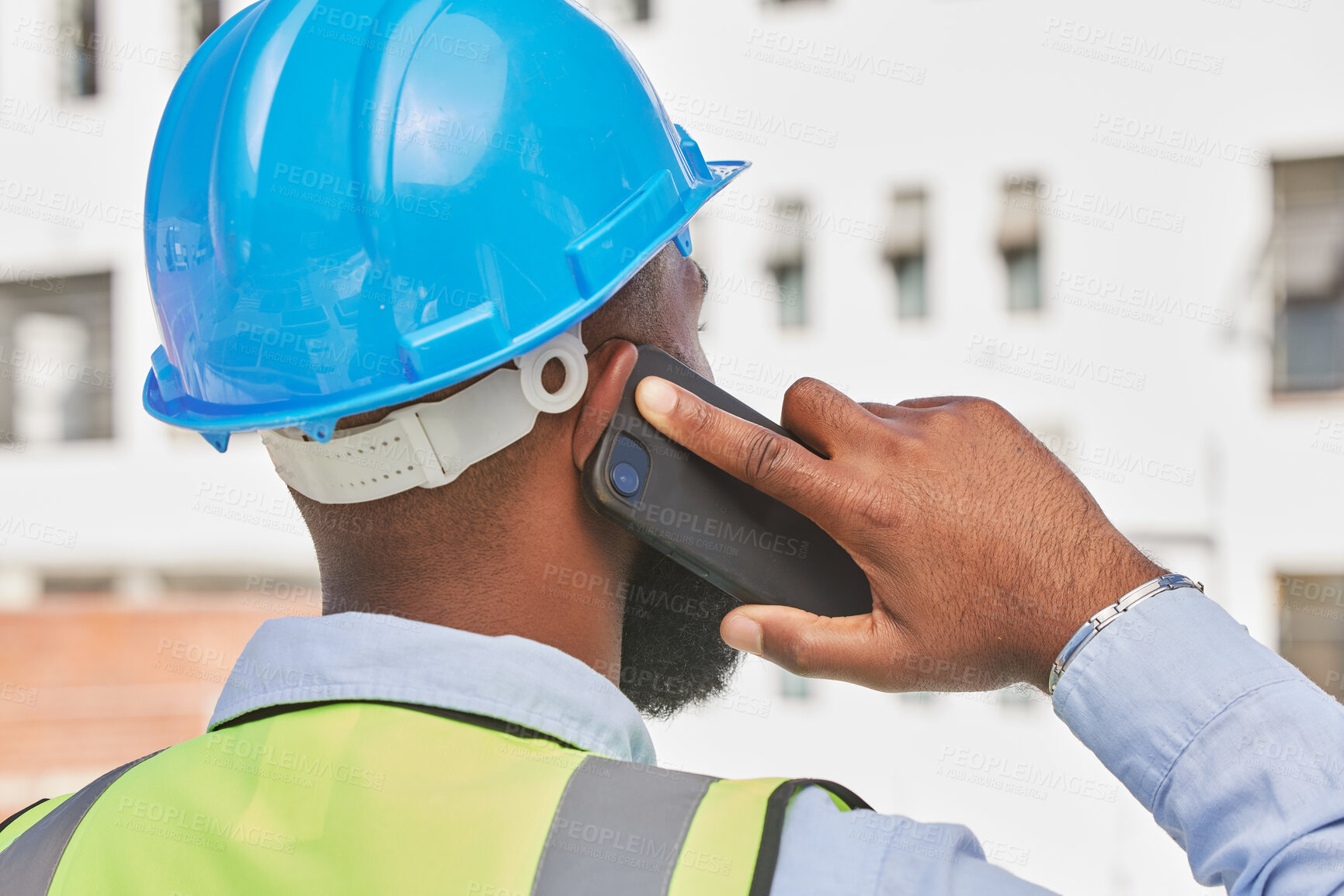 Buy stock photo Architecture, phone call and back of black man in city for engineering, communication and contact. Building, construction and project management with contractor for technology and connection