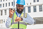 Black man, time or architect on a phone call or construction site speaking of building schedule or project. Voice speaker, talking or African designer in communication or discussion about engineering