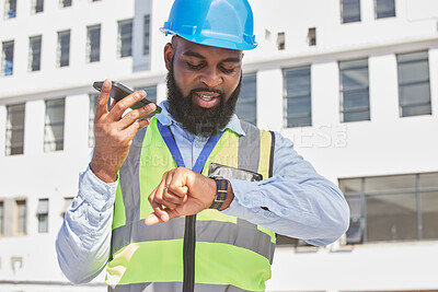 Buy stock photo Black man, time or architect on a phone call or construction site speaking of building schedule or project. Voice speaker, talking or African designer in communication or discussion about engineering