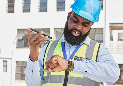 Buy stock photo Watch, man or architect on a phone call or construction site speaking of building time schedule or project. Voice speaker, talking or African designer in communication or discussion about engineering