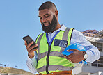 Black man, online or architect with phone on construction site for building update, social media or networking. Smile, news or happy African engineer texting to chat on digital mobile app on Internet