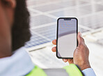 Phone screen, hand and construction worker with a chat, reading notification or building information. Site, back and a handyman, architect or builder with a blank mobile with mockup for communication