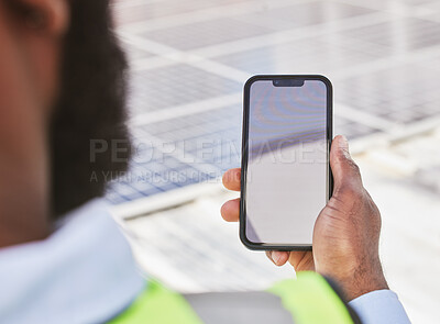 Buy stock photo Phone screen, hand and construction worker with a chat, reading notification or building information. Site, back and a handyman, architect or builder with a blank mobile with mockup for communication