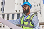 Engineering, architecture or contractor with blueprint on construction site for infrastructure inspection. Black man, floor plan or African designer working on maintenance, city safety or development