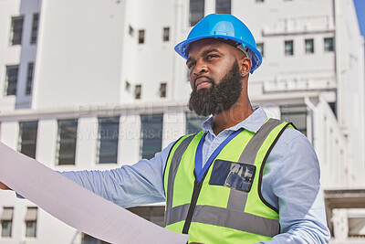 Buy stock photo Engineering, thinking or contractor with blueprint on construction site for infrastructure inspection. Black man, floor plan or African designer working on maintenance, architecture or development