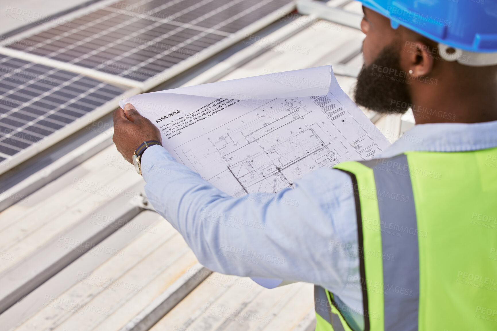 Buy stock photo Man, blueprint or engineer on rooftop or construction site for maintenance or architecture outdoor. Inspection, solar panel renovation or contractor building urban infrastructure with floor plan