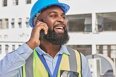 Buy stock photo Architecture, phone call and funny with black man in city for engineering, communication and contact. Building, construction and project management with contractor laughing for technology and network