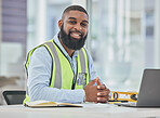 Architecture, portrait or laptop with black man in office for engineering, research or building design. Technology, construction planning or face of contractor working online on project management 