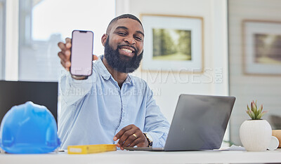 Buy stock photo Black man, architect or phone mockup in office for communication, construction update or networking. Smile, screen or portrait of happy engineer on mobile app display or mock up space on Internet