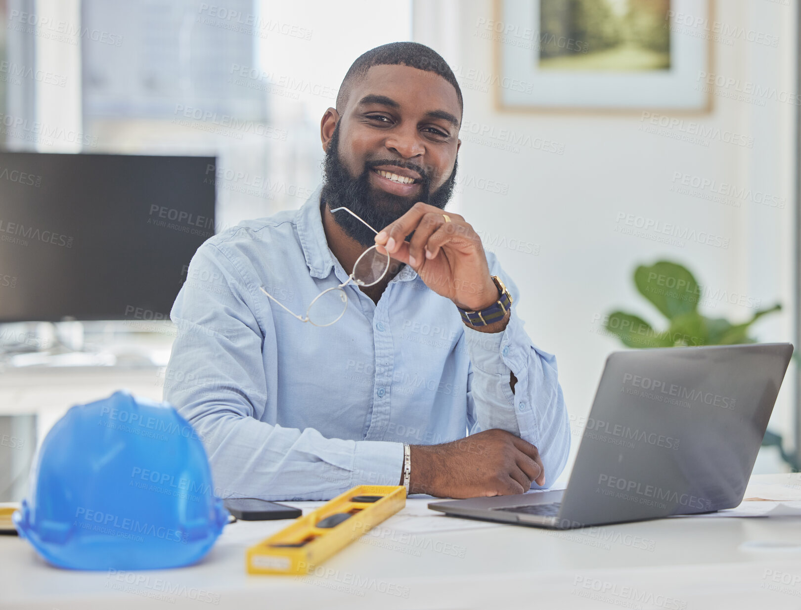 Buy stock photo Engineering, laptop or portrait of black man in office for architecture, research or building design. Technology, construction planning or face of happy designer working online on project management