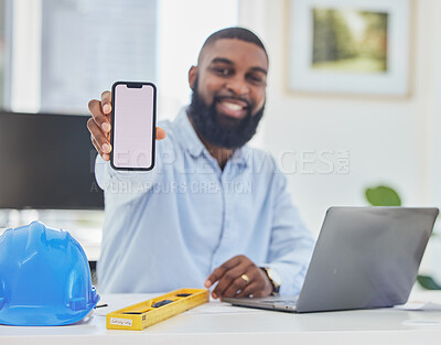 Buy stock photo Black man, engineer or phone mockup in office for communication, construction update or networking. Smile, screen or portrait of happy architect on mobile app display or mock up space on Internet