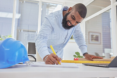 Buy stock photo Engineering, happy or black man drawing in office for architecture, research or building design. Smile, sketch or African designer working on project management, blueprint or construction planning