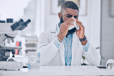 Buy stock photo Scientist, man and sick nose in laboratory of cold, allergies and medical virus. African worker, science researcher and sneeze for health, allergy risk and tissue for disease, sinusitis and influenza