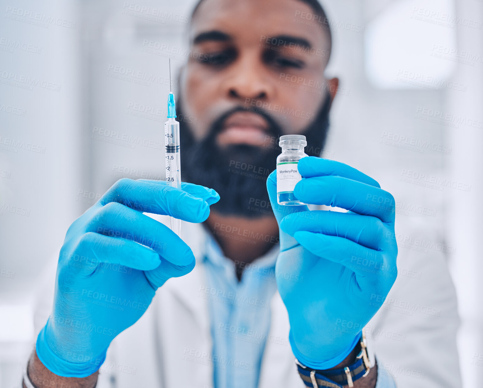 Buy stock photo Man, doctor and hands with syringe for vaccine, injection or flu shot in healthcare at hospital. Closeup of male person or medical expert with needle and vial for vaccination or monkey pox at clinic