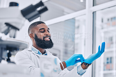 Buy stock photo Scientist, black man and gloves in medical research at laboratory to start science analysis, test or experiment. Happy doctor, ppe or professional in preparation in investigation, assessment or study