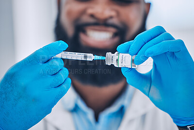 Buy stock photo Happy man, doctor and hands with syringe for vaccine, injection or flu shot in healthcare at hospital. Closeup of male person or medical expert with needle, vial or monkey pox vaccination at clinic