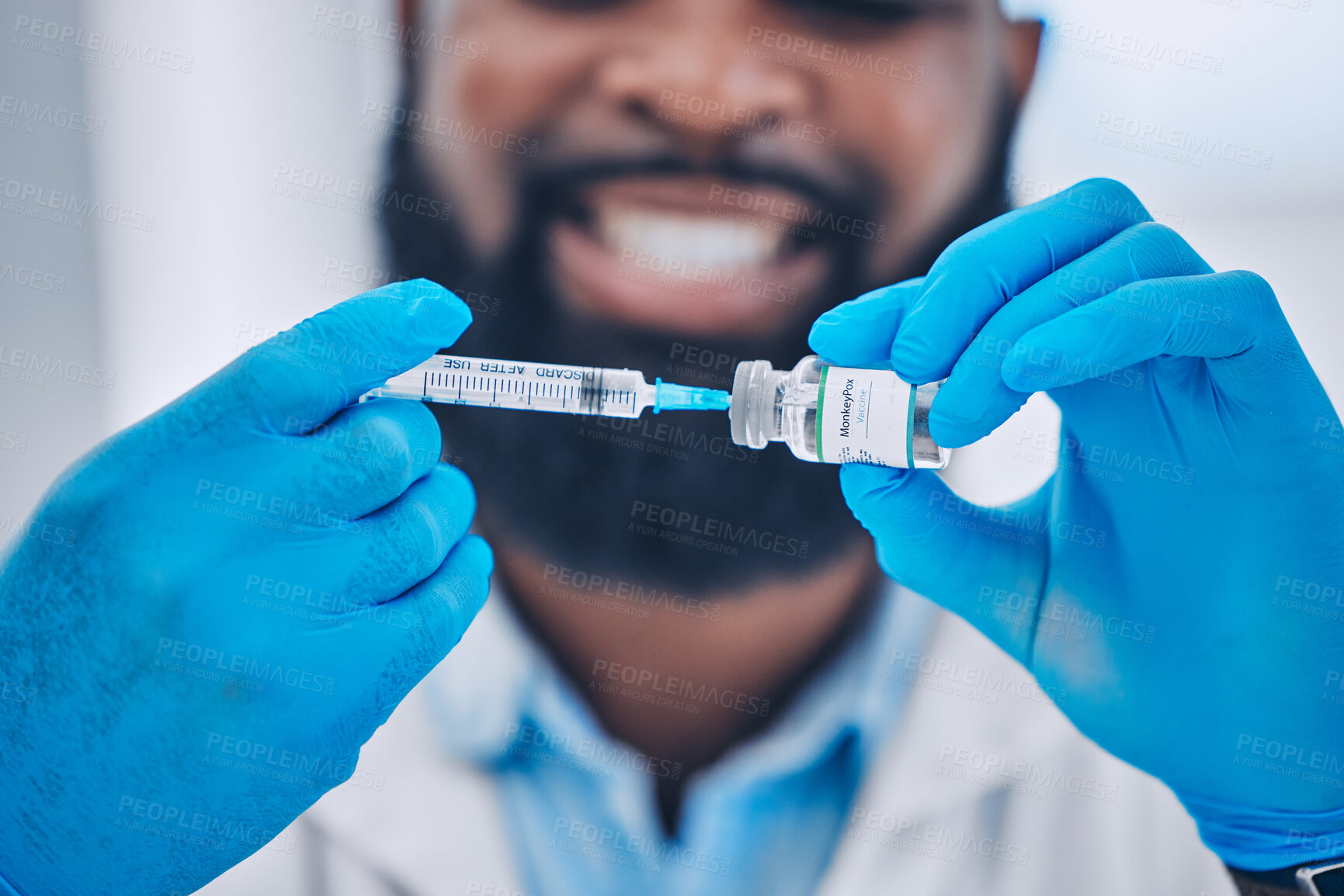 Buy stock photo Happy man, doctor and hands with syringe for vaccine, injection or flu shot in healthcare at hospital. Closeup of male person or medical expert with needle, vial or monkey pox vaccination at clinic