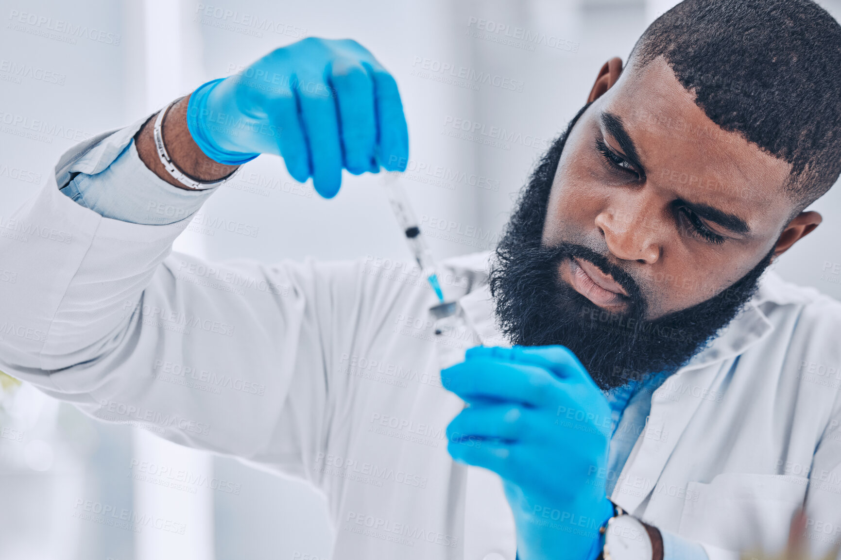 Buy stock photo Research, black man and vial with a needle, medical and experiment for healthcare, breakthrough and vaccine. Person, scientist and research with a syringe, cure and treatment with vaccination expert 