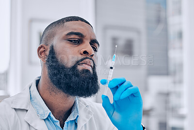 Buy stock photo Medicine, research and vaccine with black man in laboratory for science, pharmacy and cure. Healthcare, medical and injection with scientist and syringe for virus, expert and pathology testing