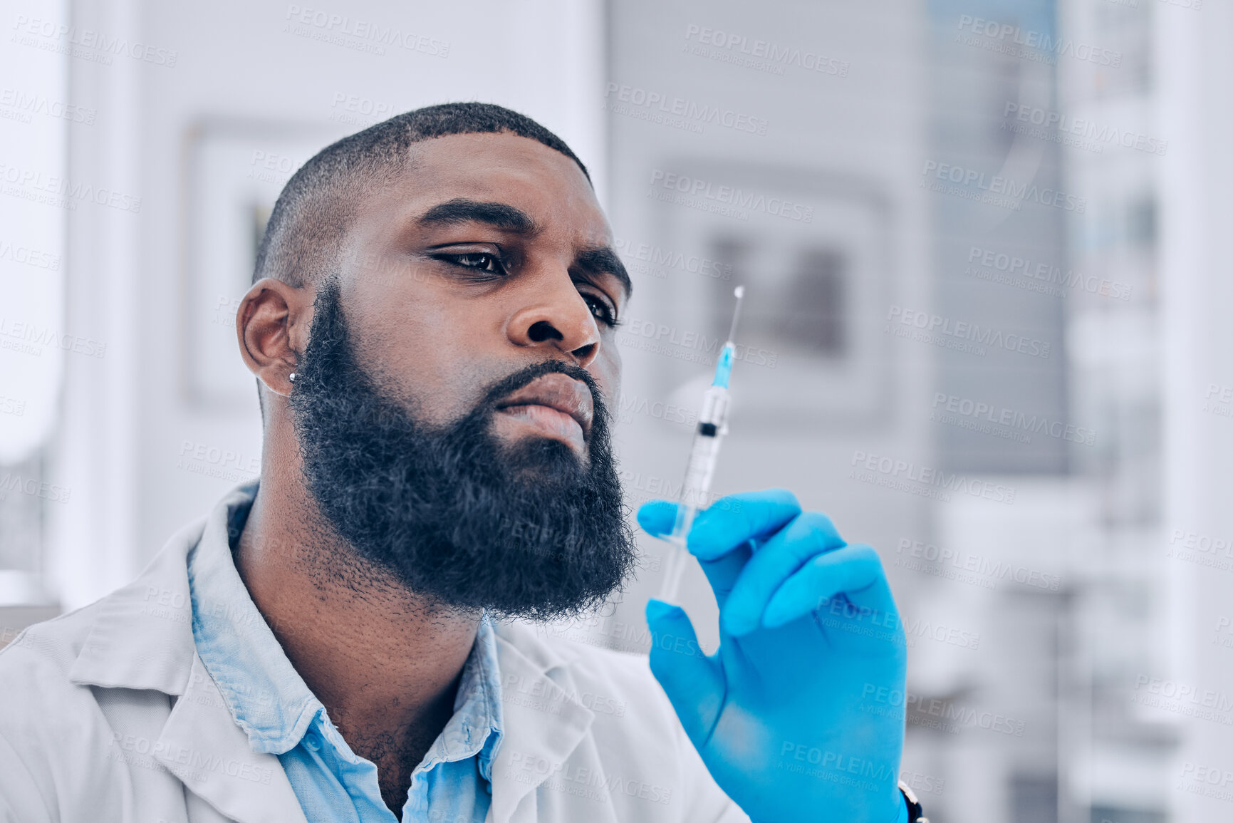 Buy stock photo Medicine, research and vaccine with black man in laboratory for science, pharmacy and cure. Healthcare, medical and injection with scientist and syringe for virus, expert and pathology testing