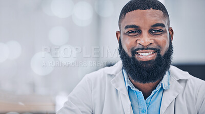 Buy stock photo Scientist, black man and face smile in laboratory, research or health, test or experiment on bokeh. African science expert, happy doctor portrait and medical professional, employee or worker in Kenya