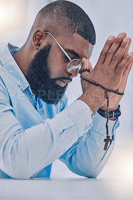 Buy stock photo Rosary, black man and hands with praying beads, religion and christian respect with gratitude and support. Help, praise or holy spirit healing of a person with spiritual necklace, prayer and cross