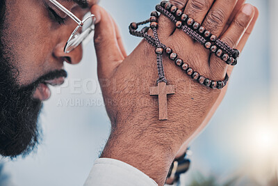 Rosary, man and hands with praying beads, religion and christian respect with gratitude and support. Help, praise or holy spirit healing of a male person with spiritual necklace, prayer and cross