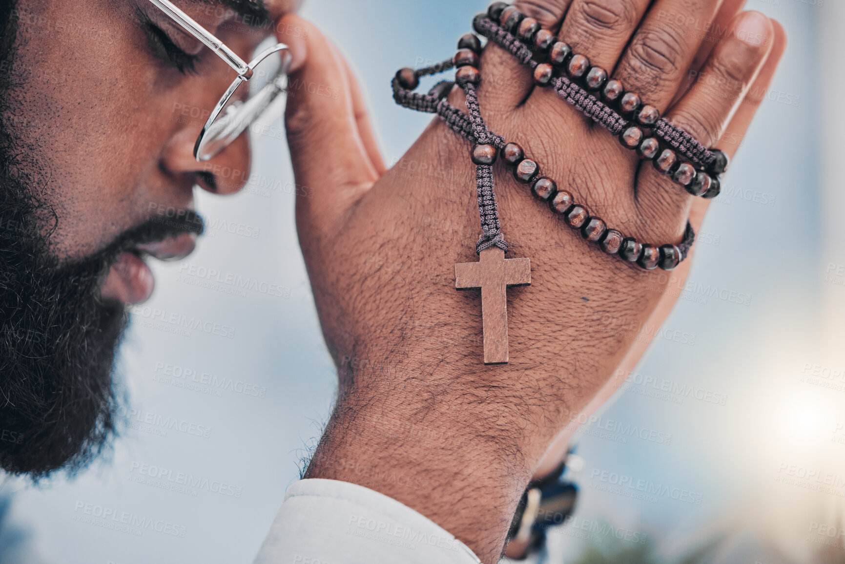 Buy stock photo Rosary, man and hands with praying beads, religion and christian respect with gratitude and support. Help, praise or holy spirit healing of a male person with spiritual necklace, prayer and cross