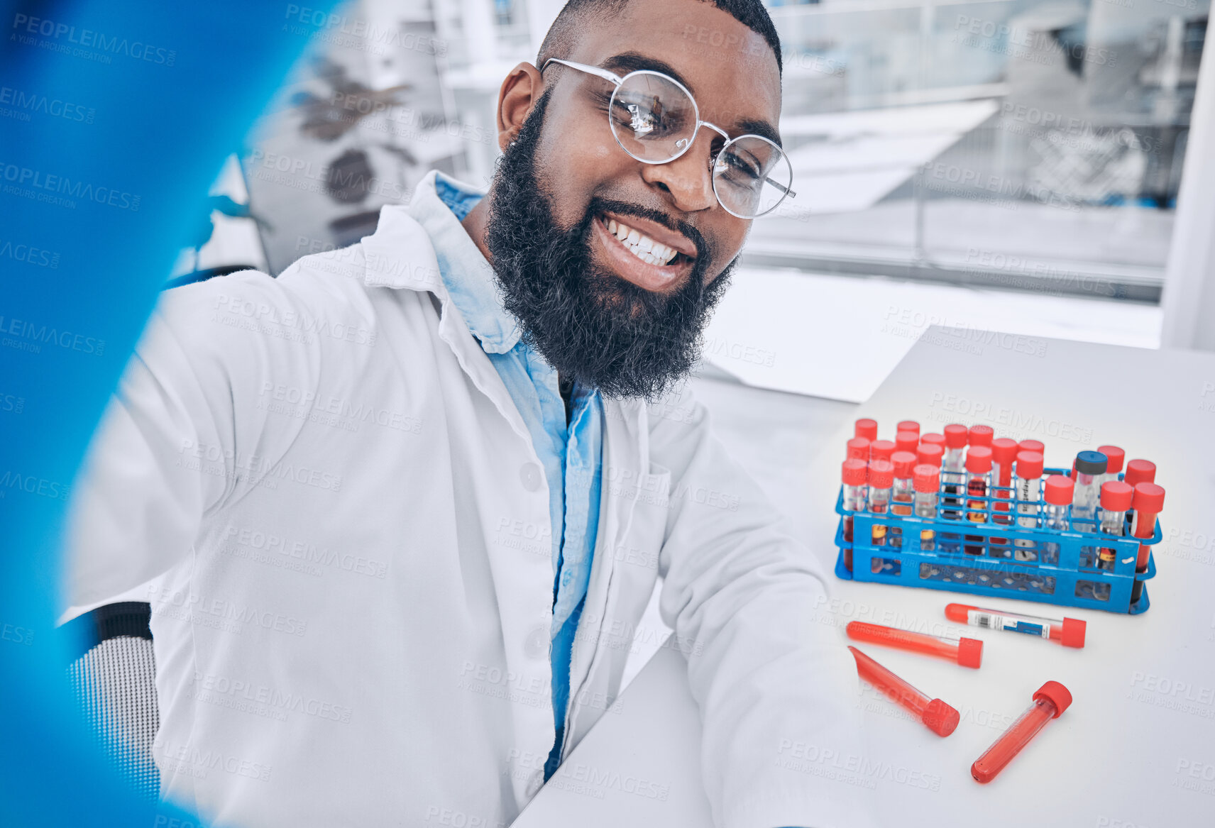 Buy stock photo Scientist, selfie and man with blood research and happy from medical and healthcare work. African male doctor, portrait and profile picture for social media and chemistry test in a science laboratory