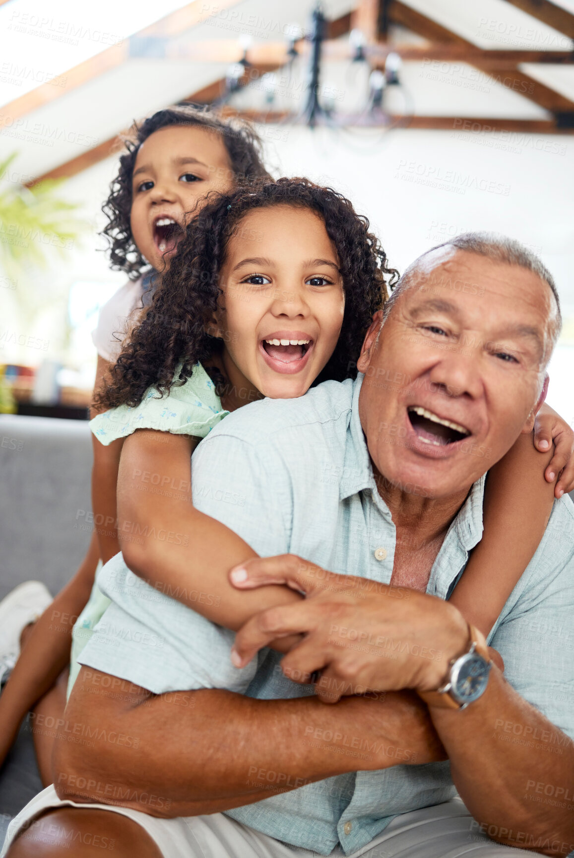 Buy stock photo Family, grandpa portrait and home with happy game, bonding and care with grandfather, excited and child. Love, play and living room with children and funny together relax with grandparents smile