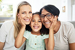 Interracial family, portrait and home with love, bonding and parent care with grandmother, mom and child. Happy, smile and living room with children and support together relax with grandparents 