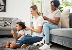 Living room, mother and daughter to braid hair, generations and bonding with love, care or sitting on carpet. Mom, grandmother and child with hairdresser, tablet or play games on floor in family home