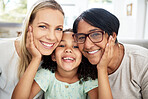 Interracial family, portrait and home with smile, bonding and parent care with grandmother, mom and child. Happy, love and living room with children and support hug together relax with grandparents 