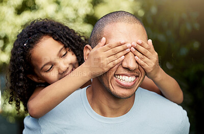 Buy stock photo Cover, eyes or father playing with child in garden, backyard or nature park for fun games on holiday together. Happy family, dad or girl with hands on face with smile or love in summer for bonding