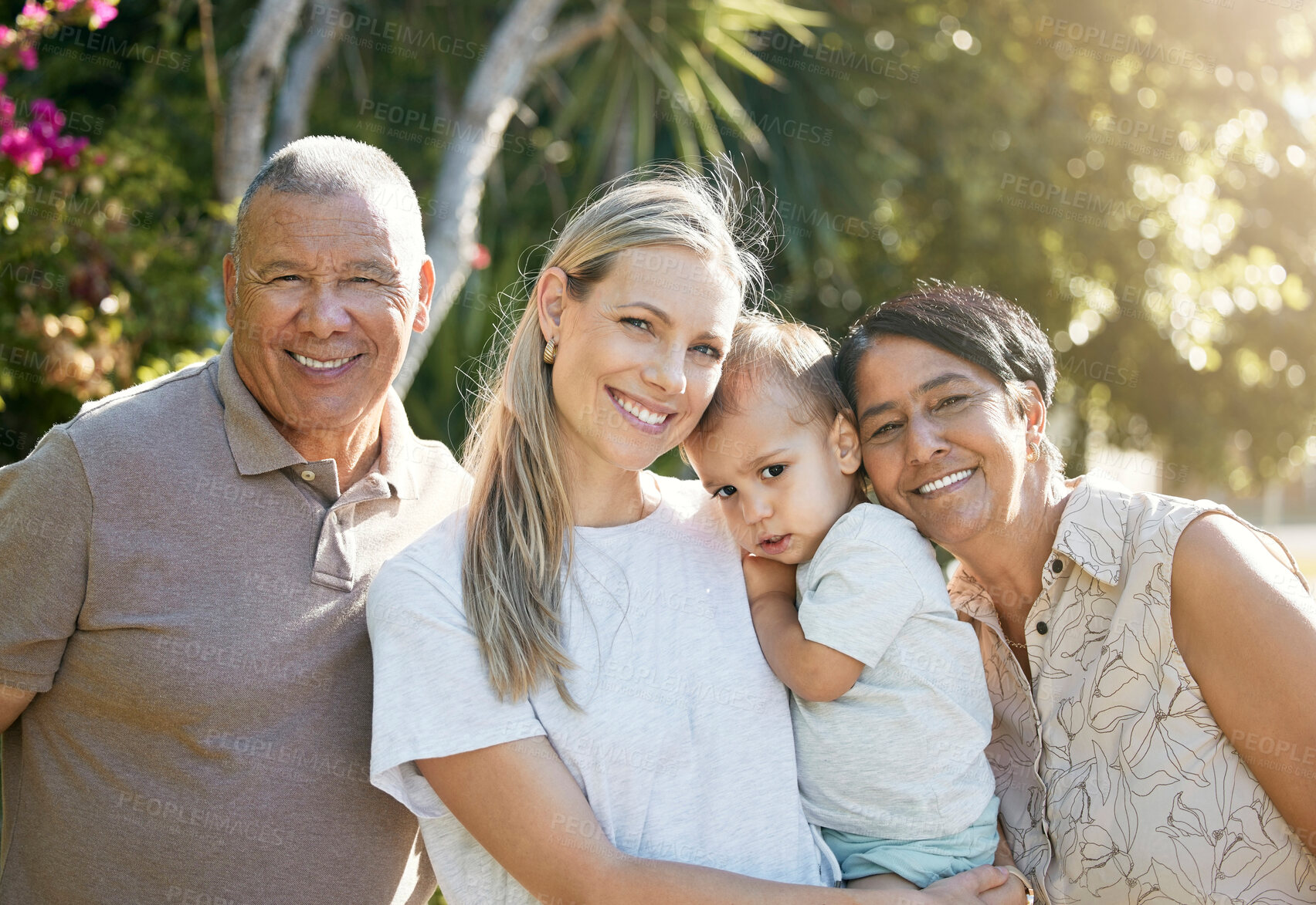 Buy stock photo Portrait of baby, mom or grandparents in park for bonding with love, support or care in retirement. Grandfather, child or face of mature grandma with smile on a happy family holiday vacation to relax