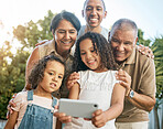 Grandparents, girl and garden selfie with family, outdoor and smile with dad, post and social network in summer. Senior man, woman and children with photography, profile picture or memory on web blog