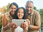 Girl child, grandparents and selfie in garden, backyard or park with smile, hug and care for post on social media. Senior man, woman and female kid with photography, profile picture or memory on blog