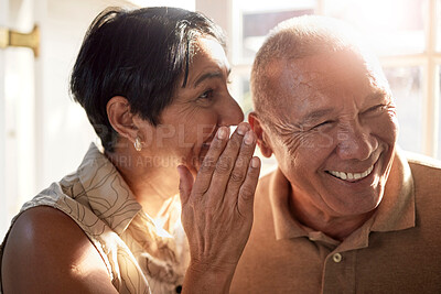 Buy stock photo Elderly couple, gossip and laugh in retirement home from secret and conversation with smile. Did you know, drama and marriage with senior people together with story talk and listening in a house