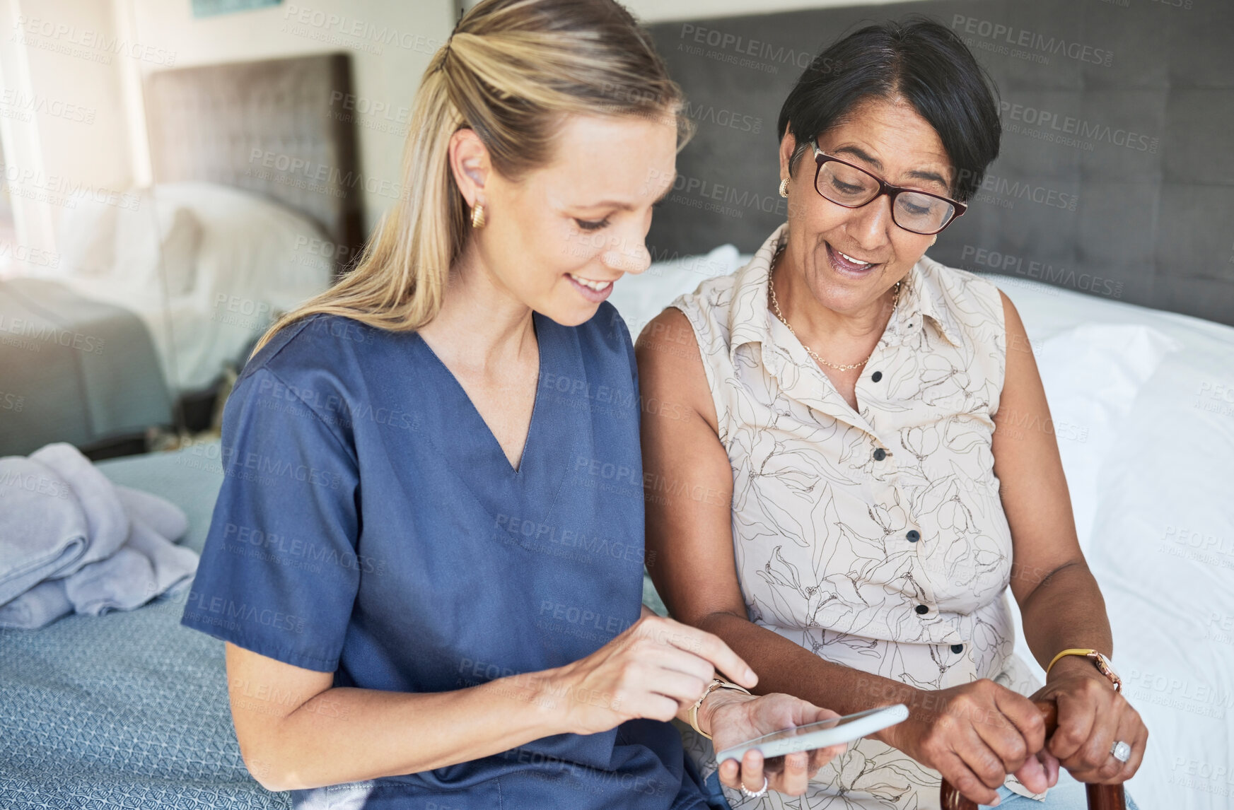 Buy stock photo Happy woman, nurse and phone in elderly care for consultation, support or healthcare diagnosis at home. Female person, caregiver or medical professional on mobile smartphone to help senior patient