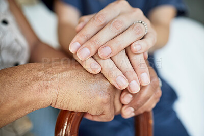 Buy stock photo Empathy, nurse and holding hands with senior patient for hope, support and healthcare. Medical, compassion and kindness with closeup of people  in nursing home for volunteer, help and retirement