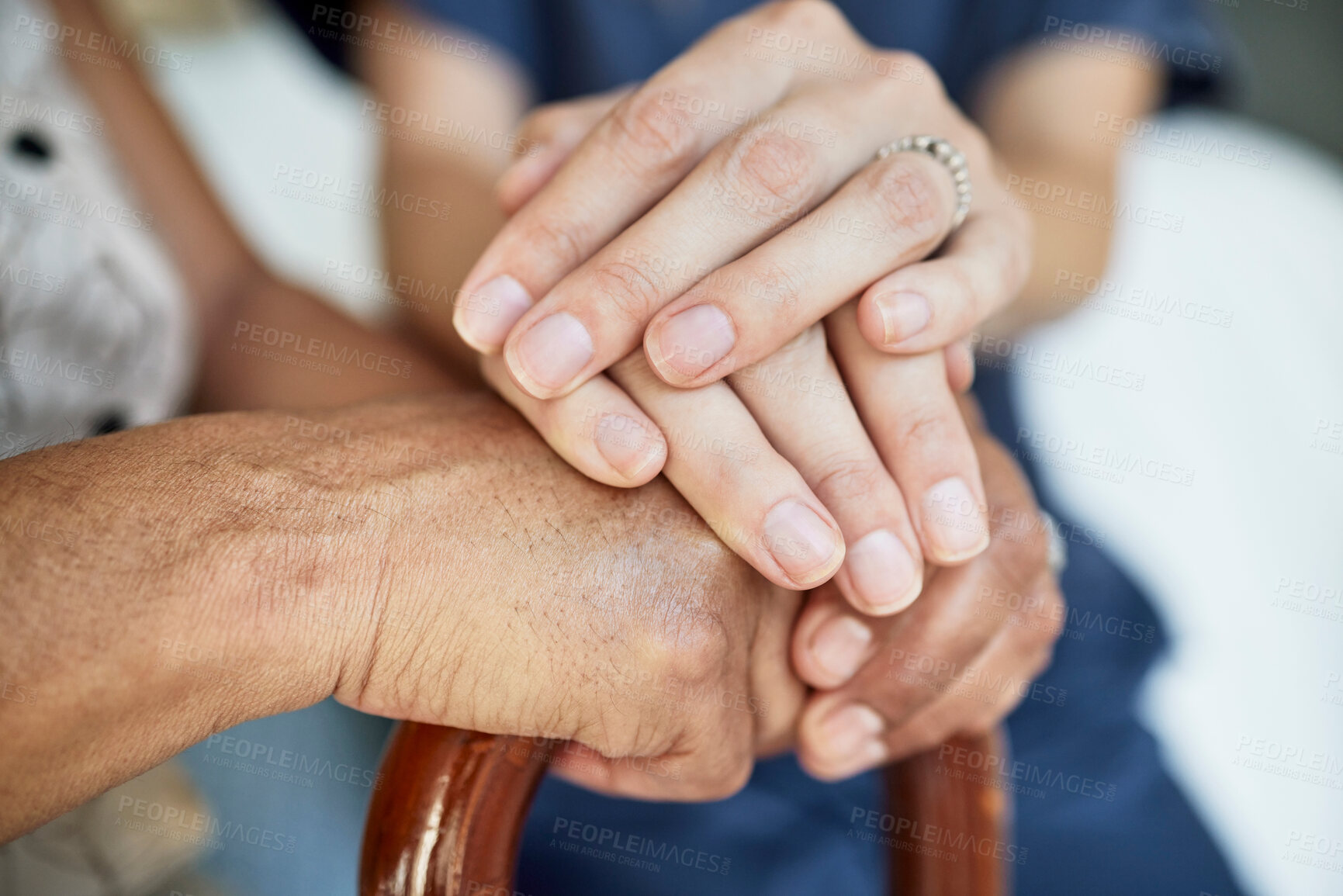 Buy stock photo Empathy, nurse and holding hands with senior patient for hope, support and healthcare. Medical, compassion and kindness with closeup of people  in nursing home for volunteer, help and retirement