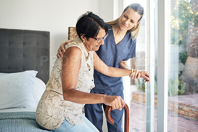 Buy stock photo Happy woman, nurse and patient in elderly care, support or walking with stick at old age home. Medical caregiver or therapist helping senior or person with a disability in retirement or physiotherapy