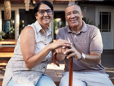 Buy stock photo Portrait, smile and cane of senior couple by home, bonding or having fun together. Relax, walking stick and elderly woman and man with a disability, happy and care, love and support, trust or loyalty