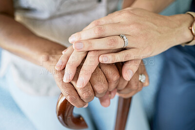 Buy stock photo Empathy, medical and holding hands with sold woman and nurse for hope, support and healthcare. Trust, compassion and kindness with closeup of people  in nursing home for volunteer, help or retirement