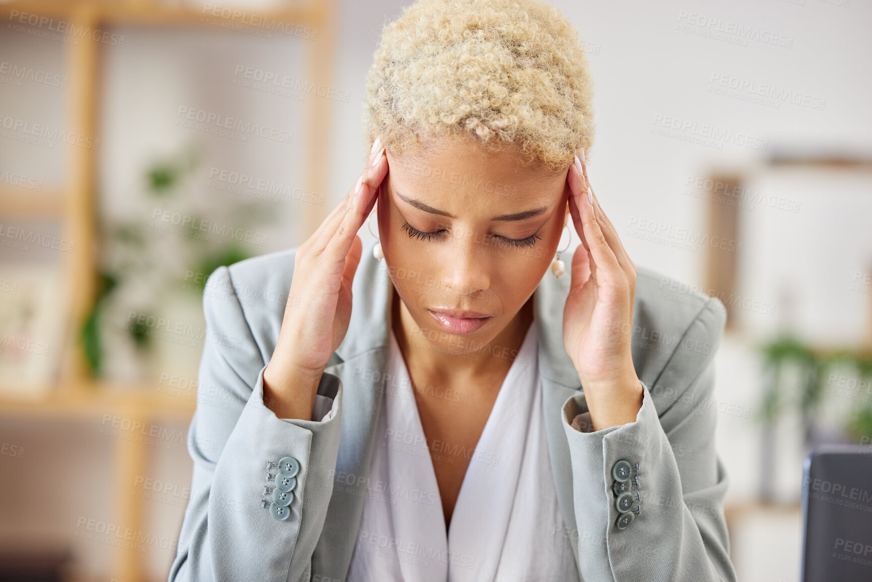Buy stock photo Stress, headache and business woman in office with problem, mistake and burnout pressure. Startup, fail and female manager with migraine, vertigo and brain fog, pain and mental health anxiety crisis