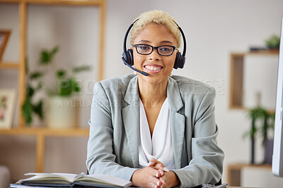 Buy stock photo Call center, portrait and business woman in office consulting for crm, contact us or customer support. Smile, face and female lead generation consultant with friendly, virtual and b2b online help
