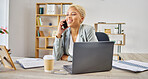 Phone call, smile and business woman in office for talking, discussion and communication at desk. Happy female worker speaking on mobile tech for contact, networking and conversation for consulting 