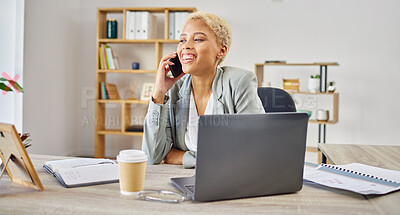 Buy stock photo Phone call, smile and business woman in office for talking, discussion and communication at desk. Happy female worker speaking on mobile tech for contact, networking and conversation for consulting 