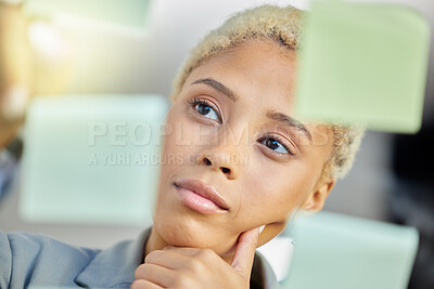 Buy stock photo Thinking, planning and business woman in office with sticky note goal, idea or brainstorm solution. Schedule, goal and lady manager with questions while working on calendar, agenda or growth strategy